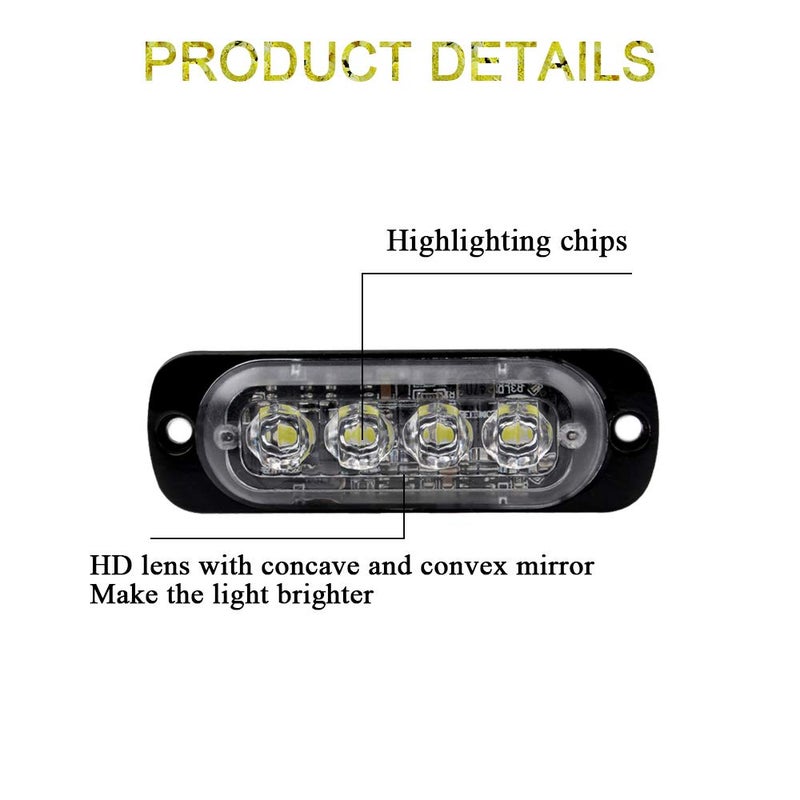 Sidaqi White 4-LED Surface Flash Mount Grille Emergency Strobe Lights Ultra Slim Deck Dash Grill Warning Police Light Hazard Beacon Caution Flashing Light for Vehicles Van Waterproof 12-24V-4PCS - Image 3